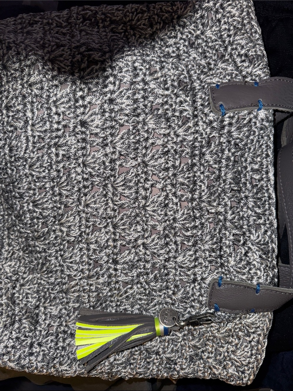 The Sak Gray Crochet Shoulder Bag with Neon Yellow Tassel